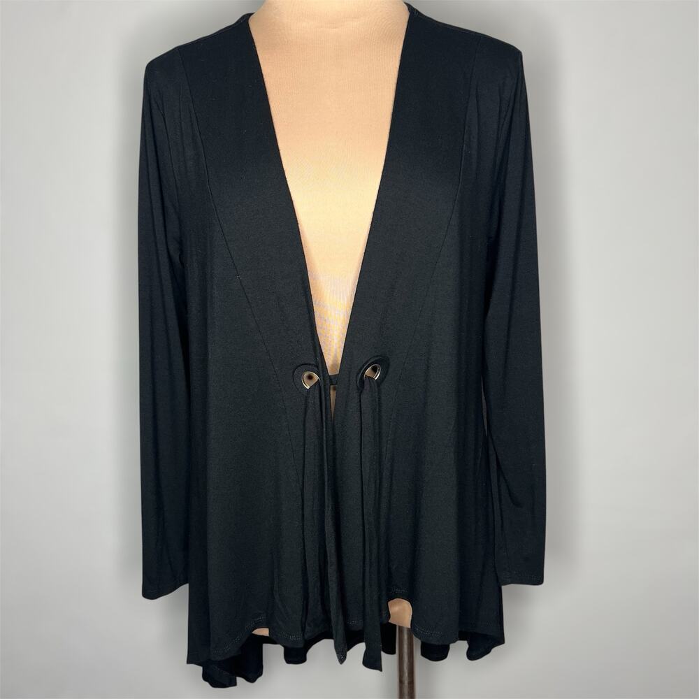 Cupio Cardigan Large Womens Black Jersey Knit Grommet Tie Front Long Sleeve Open